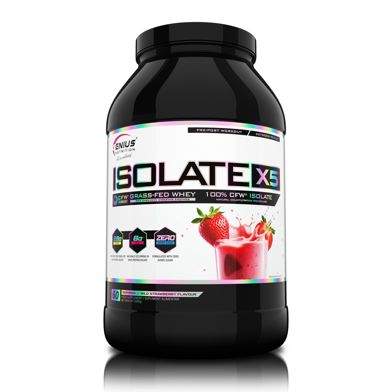 Load image into Gallery viewer, ISOLATE-X5 2000g 60serv Genius Nutrition Wild Strawberry - Fast absorbing WPI supplement with low carb content and rich in BCAA, obtained through natural CFW® filtration.
