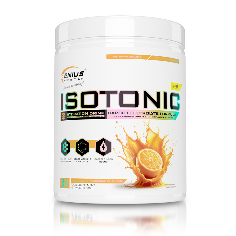 Load image into Gallery viewer, ISOTONIC 600g 30serv Genius Nutrition Tangerine - Isotonic hydration drink supplement with electrolytes, vitamins and fast-absorbing carbs ideal for maintaining energy during intense physical activity.
