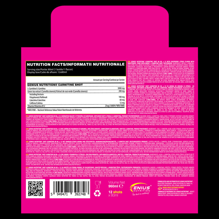 L-CARNITINE SHOT 80ml Genius Nutrition Raspberry Citrus - Liquid carnitine supplement for weight loss, fat burning and energy with green tea extract and vitamin B12.