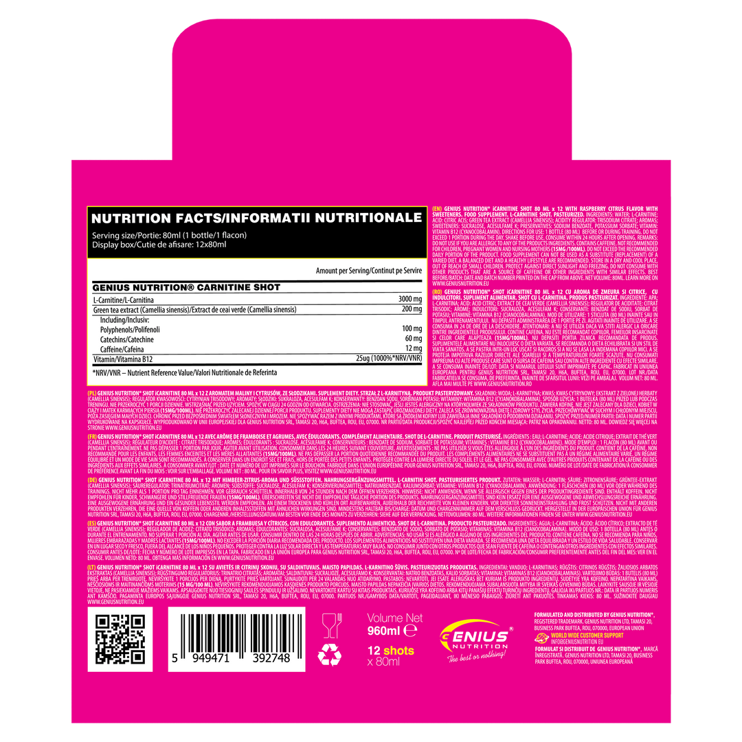 L-CARNITINE SHOT 80ml Genius Nutrition Raspberry Citrus - Liquid carnitine supplement for weight loss, fat burning and energy with green tea extract and vitamin B12.