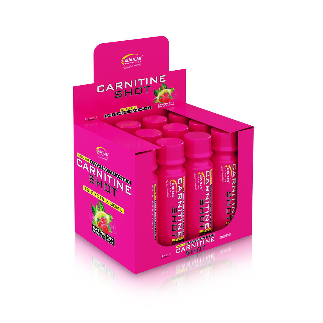 L-CARNITINE SHOT 80ml Genius Nutrition Raspberry Citrus - Liquid carnitine supplement for weight loss, fat burning and energy with green tea extract and vitamin B12.