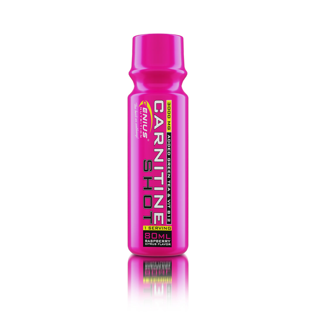 L-CARNITINE SHOT 80ml Genius Nutrition Raspberry Citrus - Liquid carnitine supplement for weight loss, fat burning and energy with green tea extract and vitamin B12.