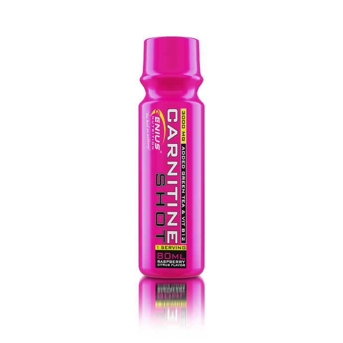 L-CARNITINE SHOT 80ml Genius Nutrition Raspberry Citrus - Liquid carnitine supplement for weight loss, fat burning and energy with green tea extract and vitamin B12.