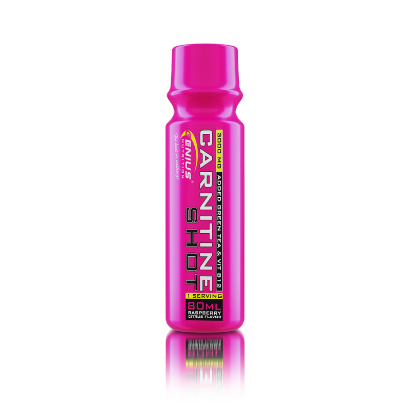 Load image into Gallery viewer, L-CARNITINE SHOT 80ml Genius Nutrition Raspberry Citrus - Liquid carnitine supplement for weight loss, fat burning and energy with green tea extract and vitamin B12.
