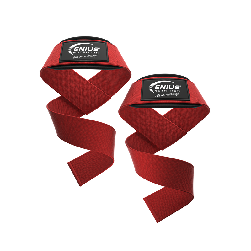 Load image into Gallery viewer, LIFTING STRAPS GG-1 Genius Nutrition Red - They enhance grip, provide support during weightlifting, and protect the hands during intense workouts.

