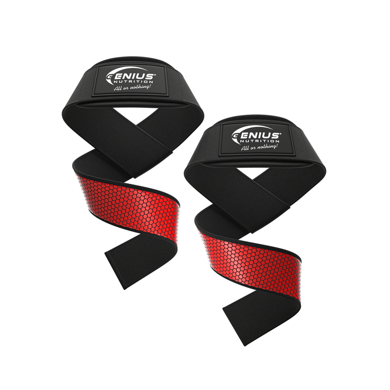 Load image into Gallery viewer, LIFTING STRAPS GG-3 Genius Nutrition Red - They enhance grip, provide support during weightlifting, and protect the hands during intense workouts.
