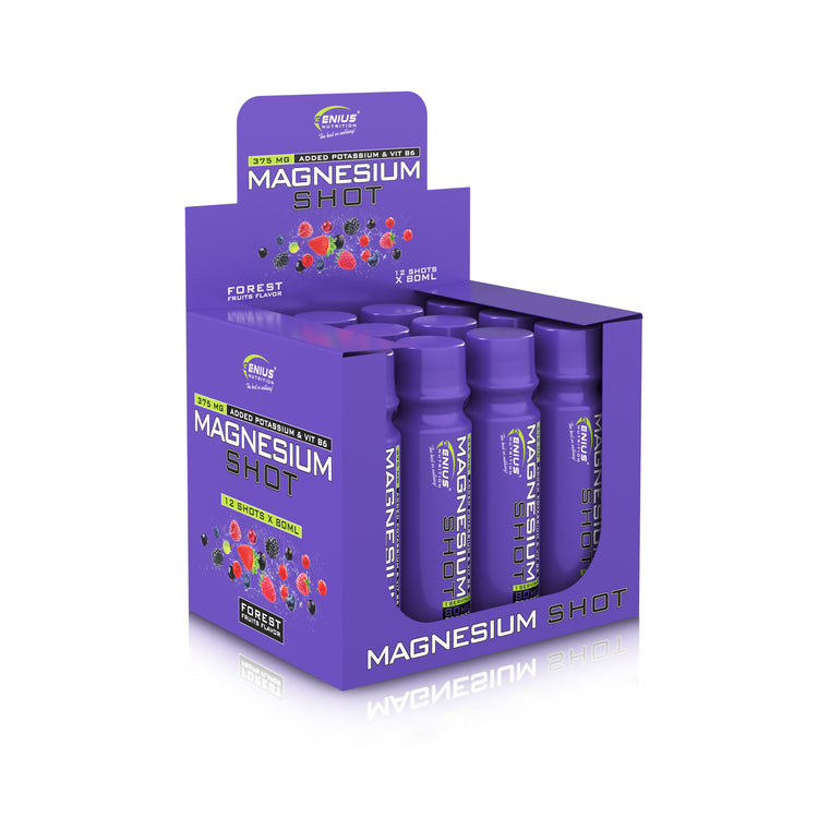 MAGNESIUM SHOT 80ml Genius Nutrition Forest Fruits - Liquid supplement RTD with magnesium citrate and potassium, formulated to ensure the proper functioning of the heart and central nervous system, while reducing muscle cramps and fatigue.