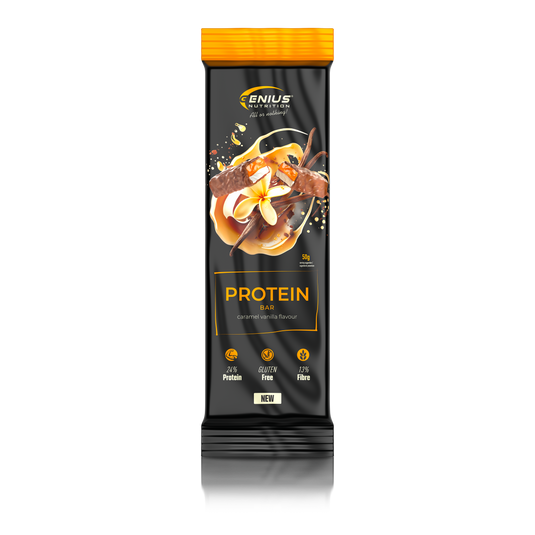 MULTILAYER PROTEIN BAR 50g Genius Nutrition - Protein bar with exceptional taste and balanced nutritional profile, 196 kcal, 11g fat, and 12g protein with vanilla caramel flavor.