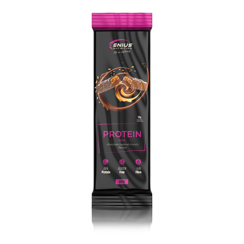 Load image into Gallery viewer, MULTILAYER PROTEIN BAR 50g Genius Nutrition - Protein bar with exceptional taste and balanced nutritional profile, 196 kcal, 11g fat, and 12g protein with Chocolate Caramel Crunch flavor.
