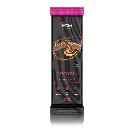 MULTILAYER PROTEIN BAR 50g Genius Nutrition - Protein bar with exceptional taste and balanced nutritional profile, 196 kcal, 11g fat, and 12g protein with Chocolate Caramel Crunch flavor.