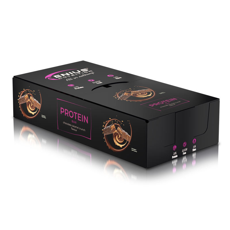 Load image into Gallery viewer, MULTILAYER PROTEIN BAR 50g Genius Nutrition - Protein bar with exceptional taste and balanced nutritional profile, 196 kcal, 11g fat, and 12g protein with Chocolate Caramel Crunch flavor.

