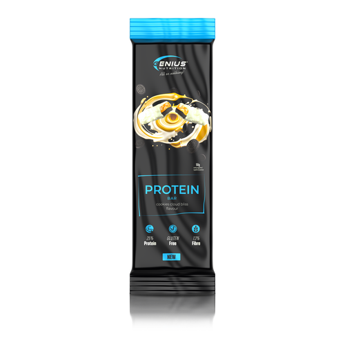 MULTILAYER PROTEIN BAR 50g Genius Nutrition - Protein bar with exceptional taste and balanced nutritional profile, 196 kcal, 11g fat, and 12g protein with cookie bliss flavor.