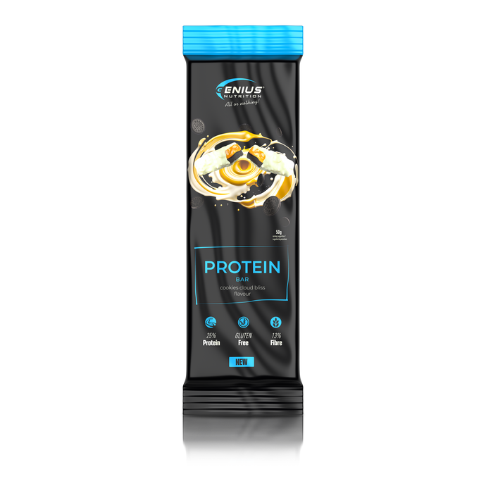 MULTILAYER PROTEIN BAR 50g Genius Nutrition - Protein bar with exceptional taste and balanced nutritional profile, 196 kcal, 11g fat, and 12g protein with cookie bliss flavor.