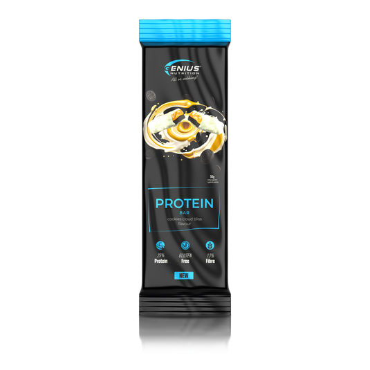 MULTILAYER PROTEIN BAR 50g Genius Nutrition - Protein bar with exceptional taste and balanced nutritional profile, 196 kcal, 11g fat, and 12g protein with cookie bliss flavor.