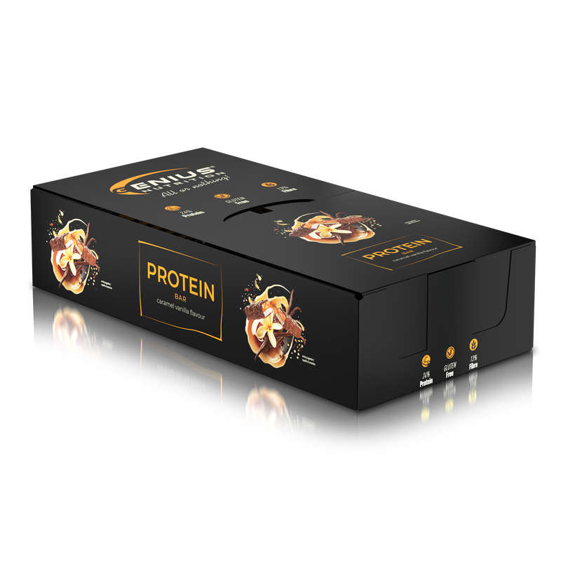 Load image into Gallery viewer, MULTILAYER PROTEIN BAR 50g Genius Nutrition - Protein bar with exceptional taste and balanced nutritional profile, 196 kcal, 11g fat, and 12g protein with vanilla caramel flavor.
