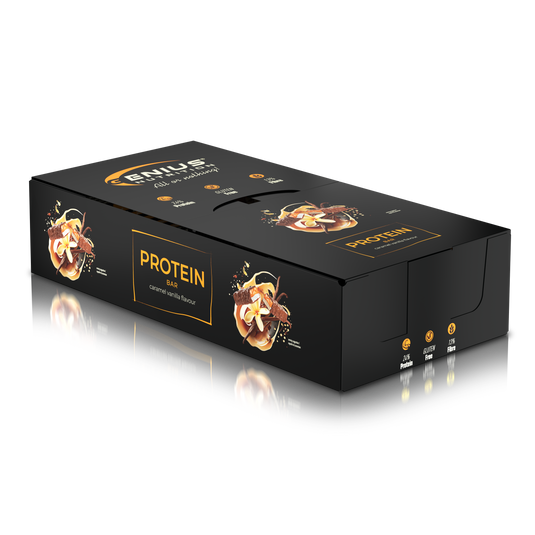 MULTILAYER PROTEIN BAR 50g Genius Nutrition - Protein bar with exceptional taste and balanced nutritional profile, 196 kcal, 11g fat, and 12g protein with vanilla caramel flavor.