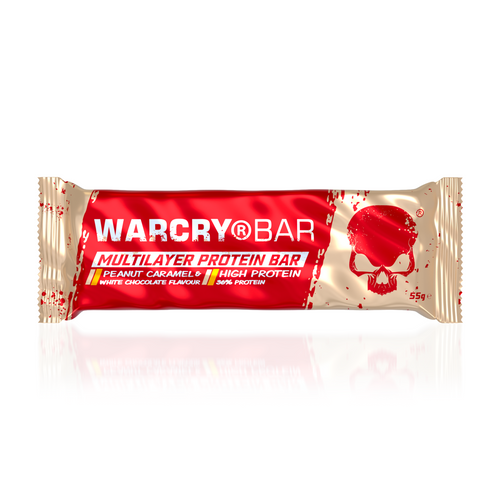 Multilayer Protein Bar WARCRY Peanut Caramel & White Chocolate 55g - Low-calorie protein bar with no added sugar, featuring a hazelnut and caramel flavor coated in white chocolate.