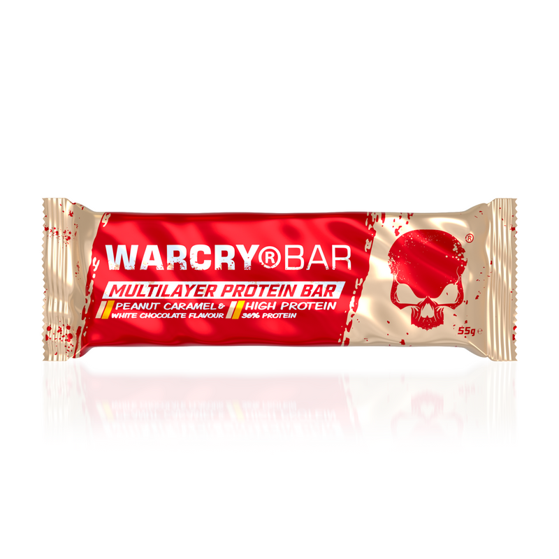 Load image into Gallery viewer, Multilayer Protein Bar WARCRY Peanut Caramel &amp; White Chocolate 55g - Low-calorie protein bar with no added sugar, featuring a hazelnut and caramel flavor coated in white chocolate.
