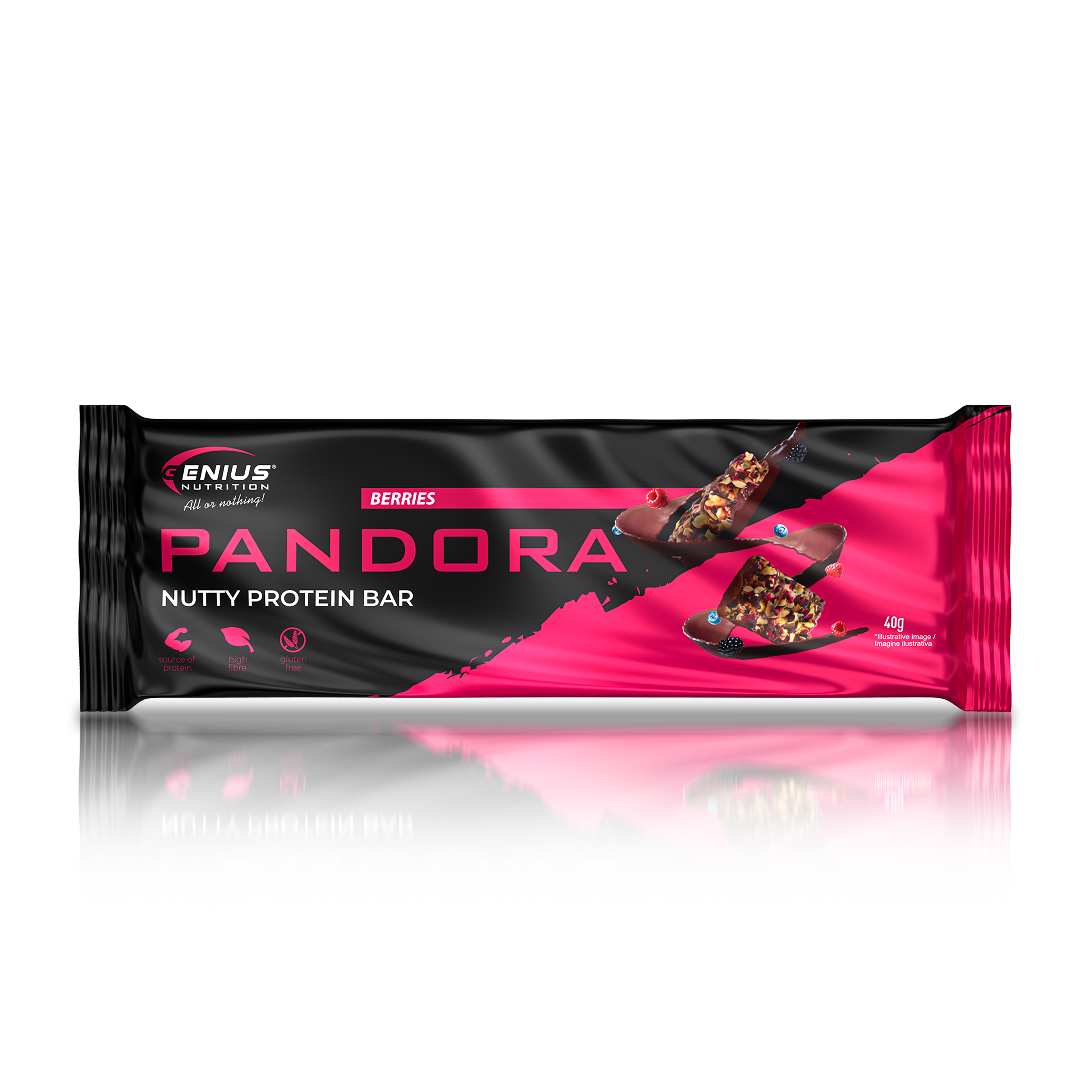 PANDORA  Nutty Bar 40g Genius Nutrition - Protein bar with a milk coating and freeze-dried berries.