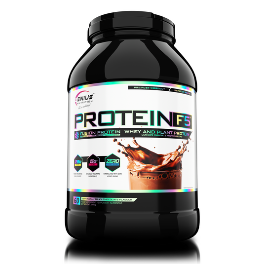 PROTEIN-F5 2000g 61serv Genius Nutrition Milky Chocolate - Protein supplement with a blend of five proteins: whey concentrate, milk, soy, egg, and pea, designed for recovery and muscle growth.