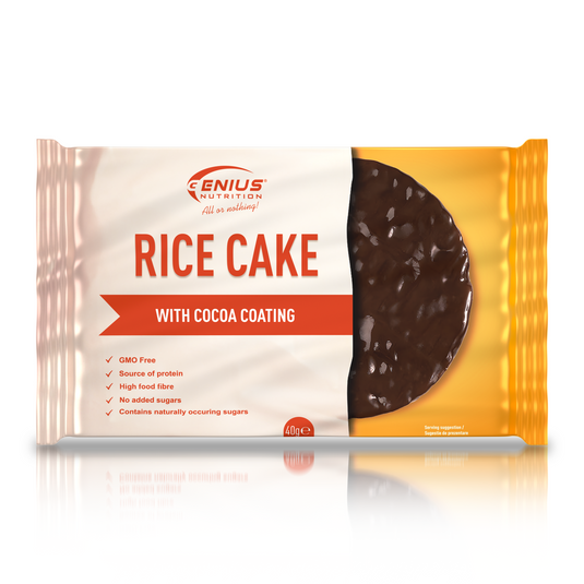 RICE CAKE 40g Genius Nutrition - Nutritious rice snack, high in protein and fiber, with a delicious cocoa flavor.