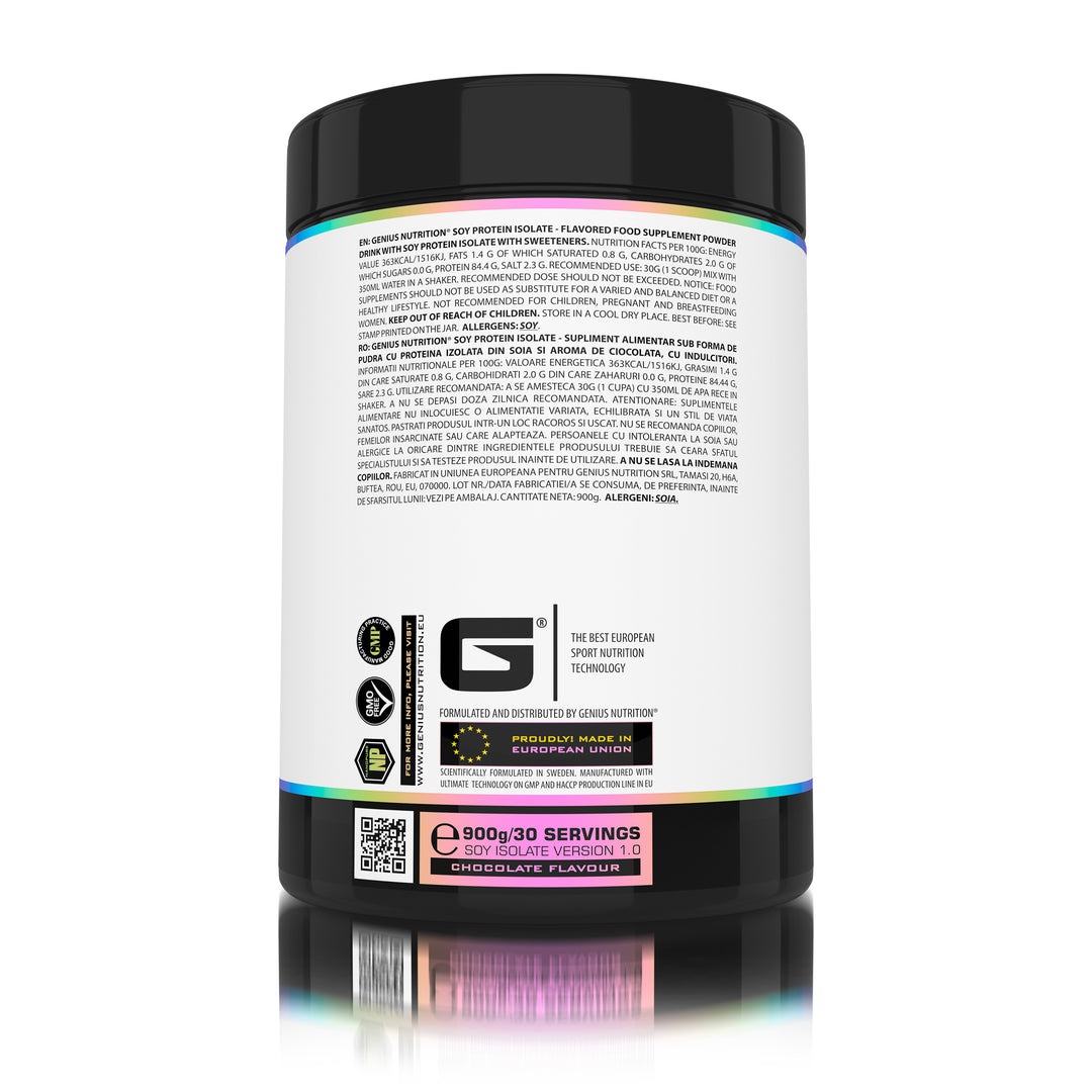 SOY PROTEIN ISOLATE 900g 30serv Genius Nutrition Chocolate - Plant based protein supplement ideal for lean muscle growth and maintenance rich in essential amino acids and easy to digest.