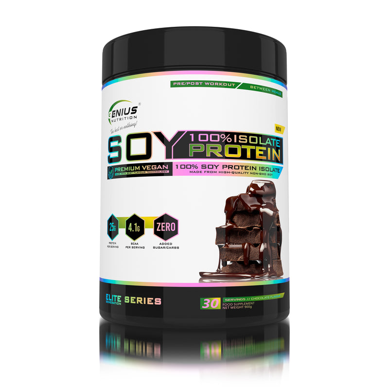 Load image into Gallery viewer, SOY PROTEIN ISOLATE 900g 30serv Genius Nutrition Chocolate - Plant based protein supplement ideal for lean muscle growth and maintenance rich in essential amino acids and easy to digest.
