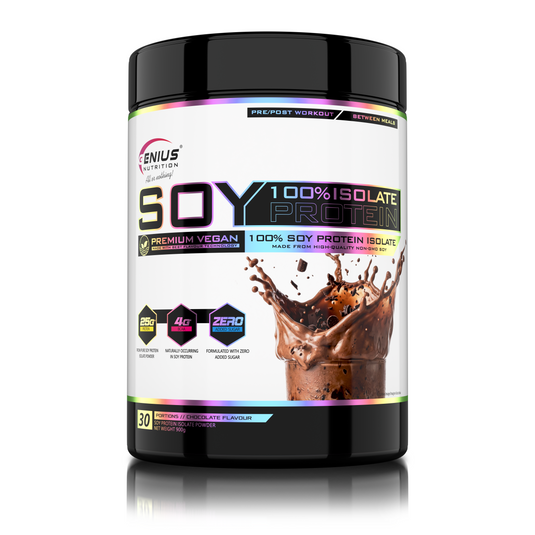 SOY PROTEIN ISOLATE 900g 30serv Genius Nutrition Chocolate - Plant based protein supplement ideal for lean muscle growth and maintenance rich in essential amino acids and easy to digest.