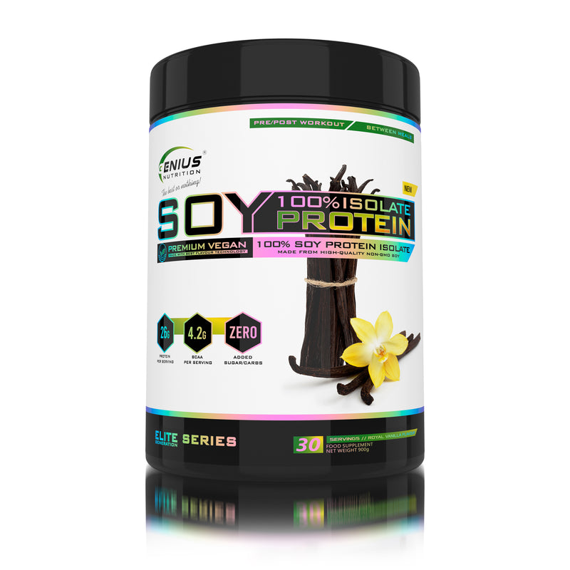 Load image into Gallery viewer, SOY PROTEIN ISOLATE 900g 30serv Genius Nutrition Royal Vanilla  - Plant based protein supplement ideal for lean muscle growth and maintenance rich in essential amino acids and easy to digest.
