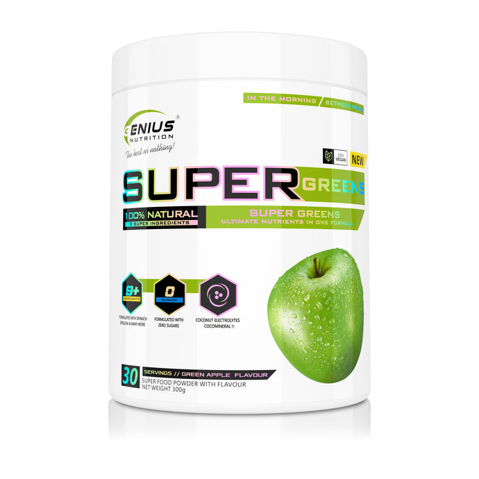 SUPER GREENS 300g 30 serv Genius Nutrition Green Apple - Nutrient rich greens supplement with micronutrients and antioxidants ideal for improving health and boosting energy levels.