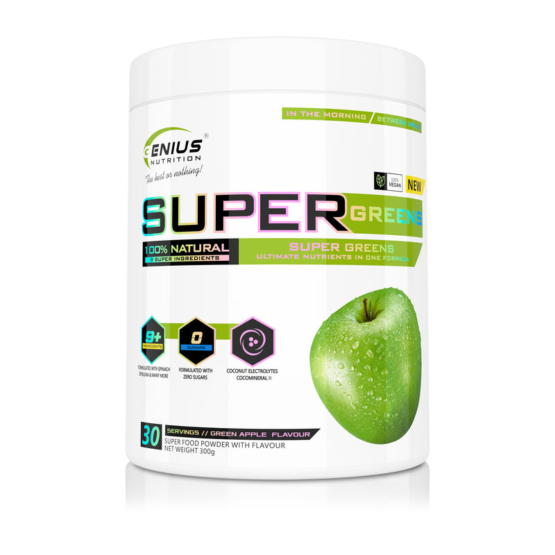 Load image into Gallery viewer, SUPER GREENS 300g 30 serv Genius Nutrition Green Apple - Nutrient rich greens supplement with micronutrients and antioxidants ideal for improving health and boosting energy levels.
