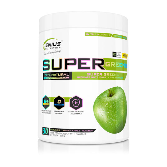 SUPER GREENS 300g 30 serv Genius Nutrition Green Apple - Nutrient rich greens supplement with micronutrients and antioxidants ideal for improving health and boosting energy levels.