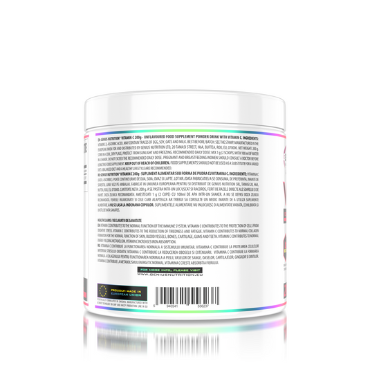 VITAMIN C 200g 200serv Genius Nutrition Unflavored - Vitamin C supplement that supports thyroid hormone production, promotes healthy blood vessel function and provides effective defense against the 
