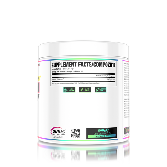 VITAMIN C 200g 200serv Genius Nutrition Unflavored - Vitamin C supplement that supports thyroid hormone production, promotes healthy blood vessel function and provides effective defense against the 