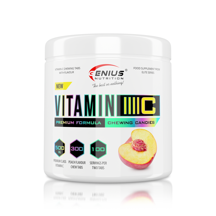 VITAMIN C 300 chew candies Genius Nutrition - Chewable vitamin C supplement with a peach flavor, designed to strengthen the immune system and easy to consume.