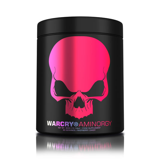 WARCRY AMINORGY 300g 30serv Genius Nutrition Raspberry Candy - Essential amino acid supplement with coconut water, caffeine, and green tea for muscle recovery, energy, mental clarity, and hydration.