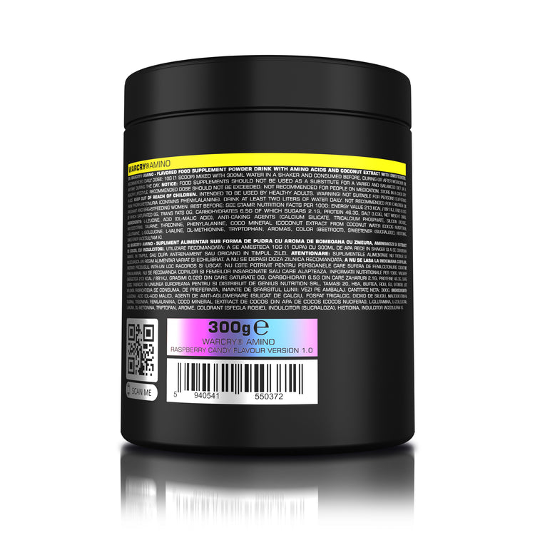 WARCRY AMINO 300g 30serv Genius Nutrition Raspberry Candy - Essential amino acids supplement with coconut water and taurine designed to support muscle growth, recovery and optimal hydration.