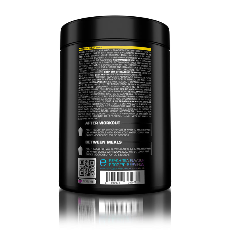 Load image into Gallery viewer, WARCRY CLEAR WHEY 500g 20serv Genius Nutrition Iced Tea Peach - Low-calorie clear whey isolate protein supplement with no added sugars or fats, minimal lactose.

