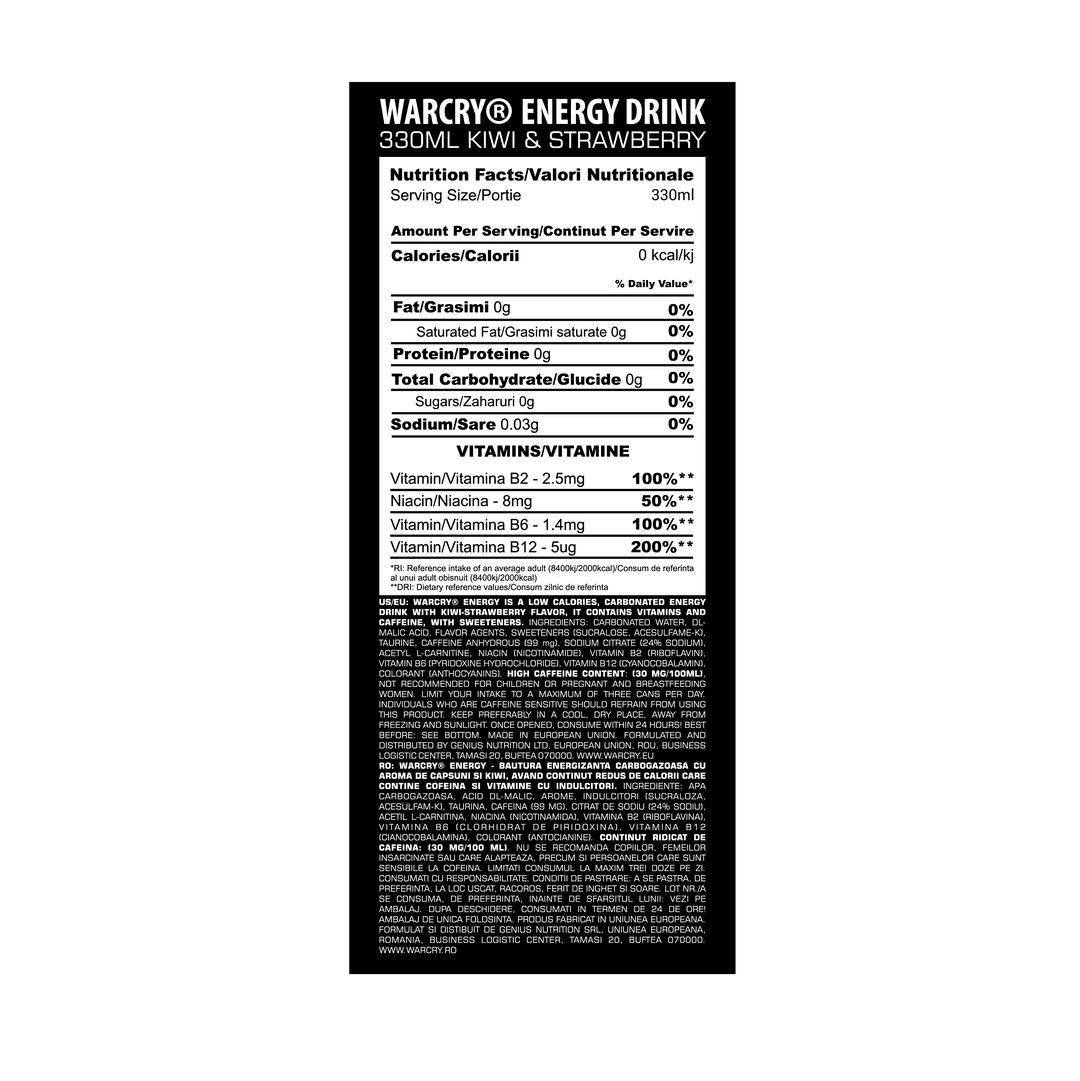 WARCRY ENERGY 330ml 1serv Kiwi & Strawberry - RTD pre-workout supplement with 0 calories ideal for enhancing energy and focus.