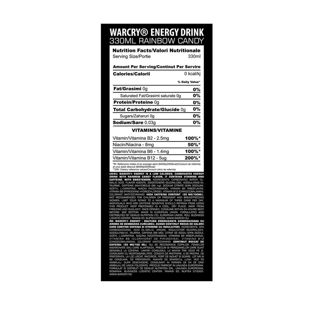 WARCRY ENERGY 330ml 1serv Rainbow Candy -  RTD pre-workout supplement with 0 calories ideal for enhancing energy and focus.