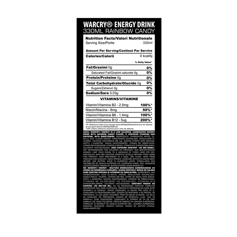 Load image into Gallery viewer, WARCRY ENERGY 330ml 1serv Rainbow Candy -  RTD pre-workout supplement with 0 calories ideal for enhancing energy and focus.
