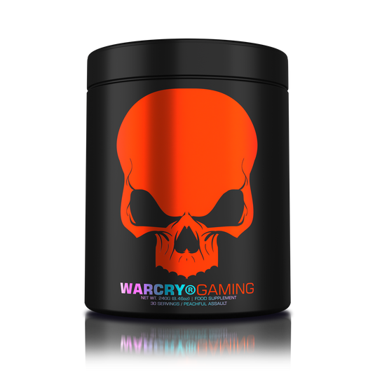 WARCRY GAMING 240g 30serv Genius Nutrition Peachful Assault - Supplement designed for high-intensity gaming sessions, enhancing cognitive focus, boosting energy, sharpening memory, alleviating stress, and promoting optimal hydration.