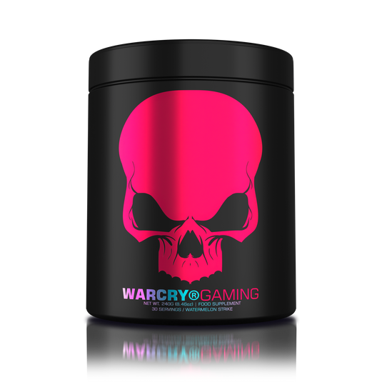 WARCRY GAMING 240g 30serv Genius Nutrition Watermelon Strike - Supplement designed for high-intensity gaming sessions, enhancing cognitive focus, boosting energy, sharpening memory, alleviating stress, and promoting optimal hydration.