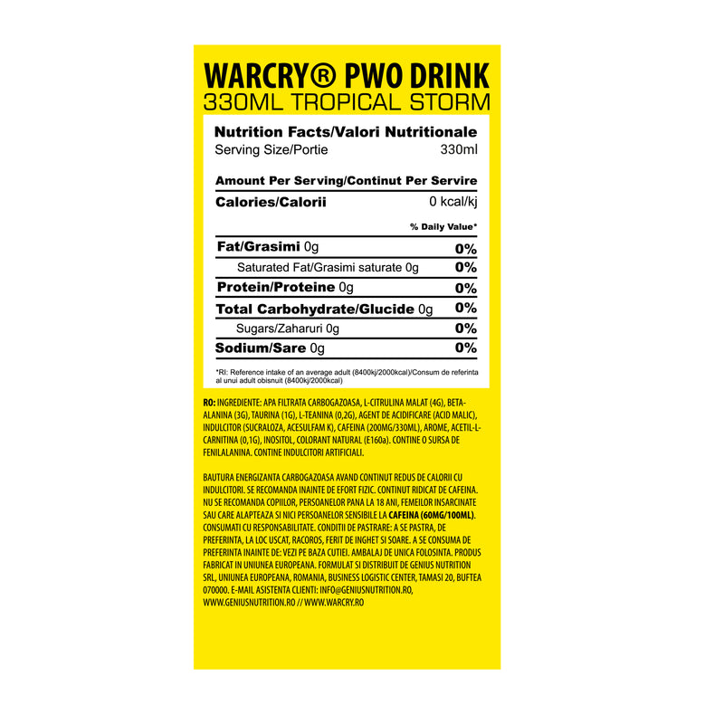 Load image into Gallery viewer, WARCRY PRE-WORKOUT 330ml 1serv Genius Nutrition Tropical Storm - RTD pre-workout supplement with 0 calories, ideal for maximum energy, pump, and endurance.
