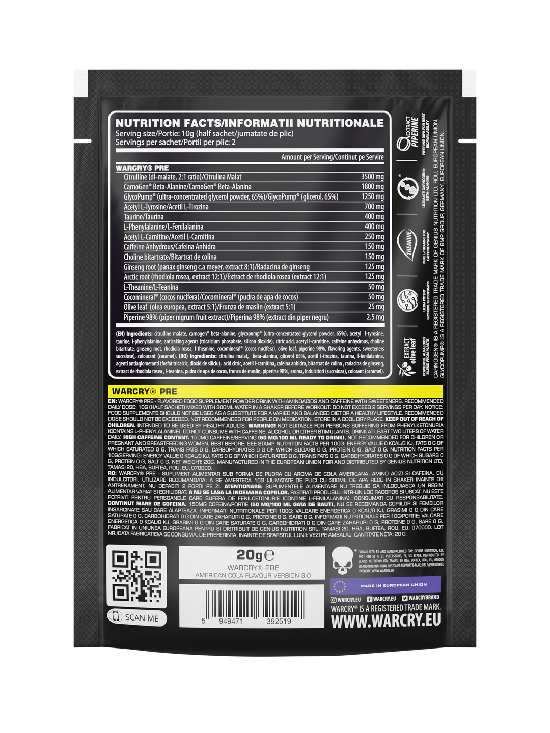 WARCRY PRE 20g 2serv Genius Nutrition American Cola - Pre-workout supplement for energy, pump, endurance, and focus, ideal for intense training sessions.