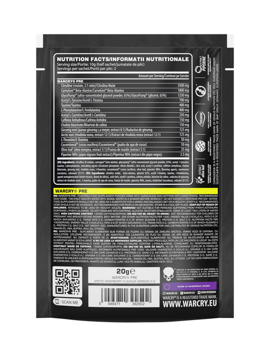 WARCRY PRE 20g 2serv Genius Nutrition American Arctic Raspberry - Pre-workout supplement for energy, pump, endurance, and focus, ideal for intense training sessions.
