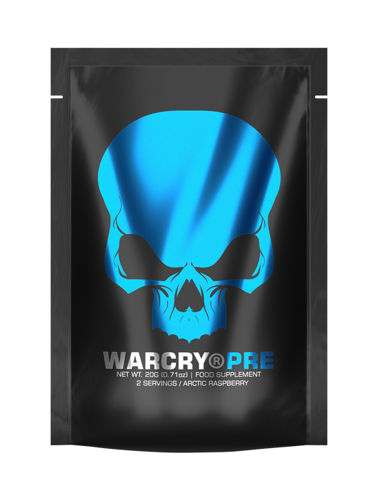 WARCRY PRE 20g 2serv Genius Nutrition Arctic Raspberry - Pre-workout supplement for energy, pump, endurance, and focus, ideal for intense training sessions.