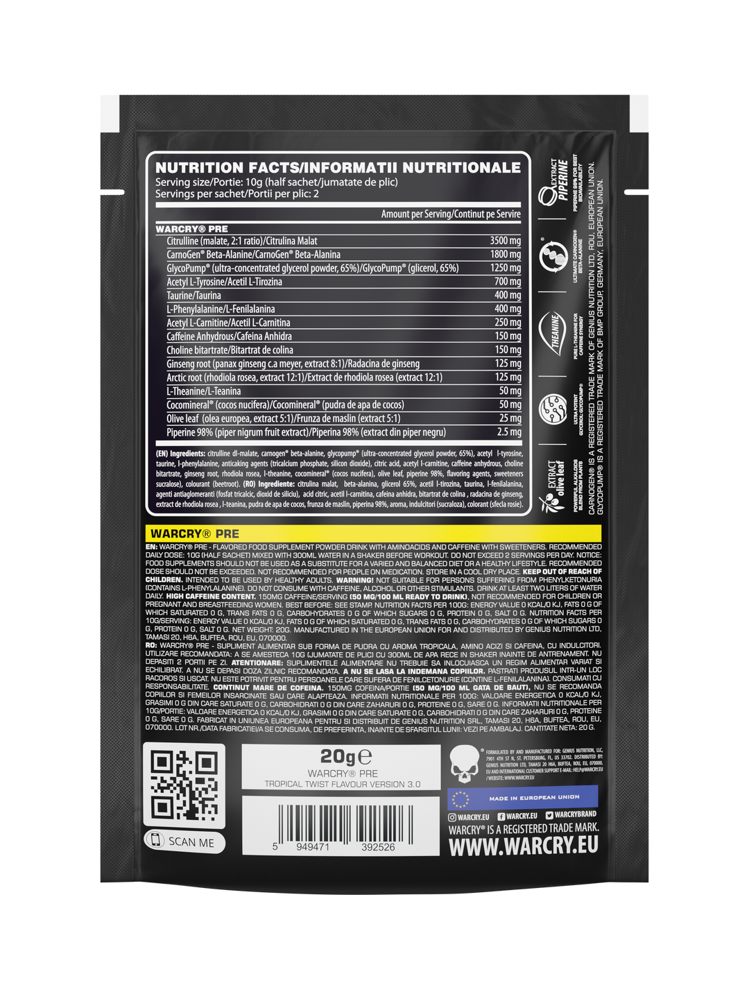 WARCRY PRE 20g 2serv Genius Nutrition Tropical Twist - Pre-workout supplement for energy, pump, endurance, and focus, ideal for intense training sessions.