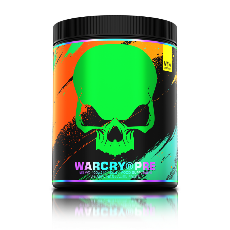 Load image into Gallery viewer, WARCRY PRE 400g 31serv Genius Nutrition Alien Fruits - Pre-workout supplement for energy, pump, endurance, and focus, ideal for intense training sessions.
