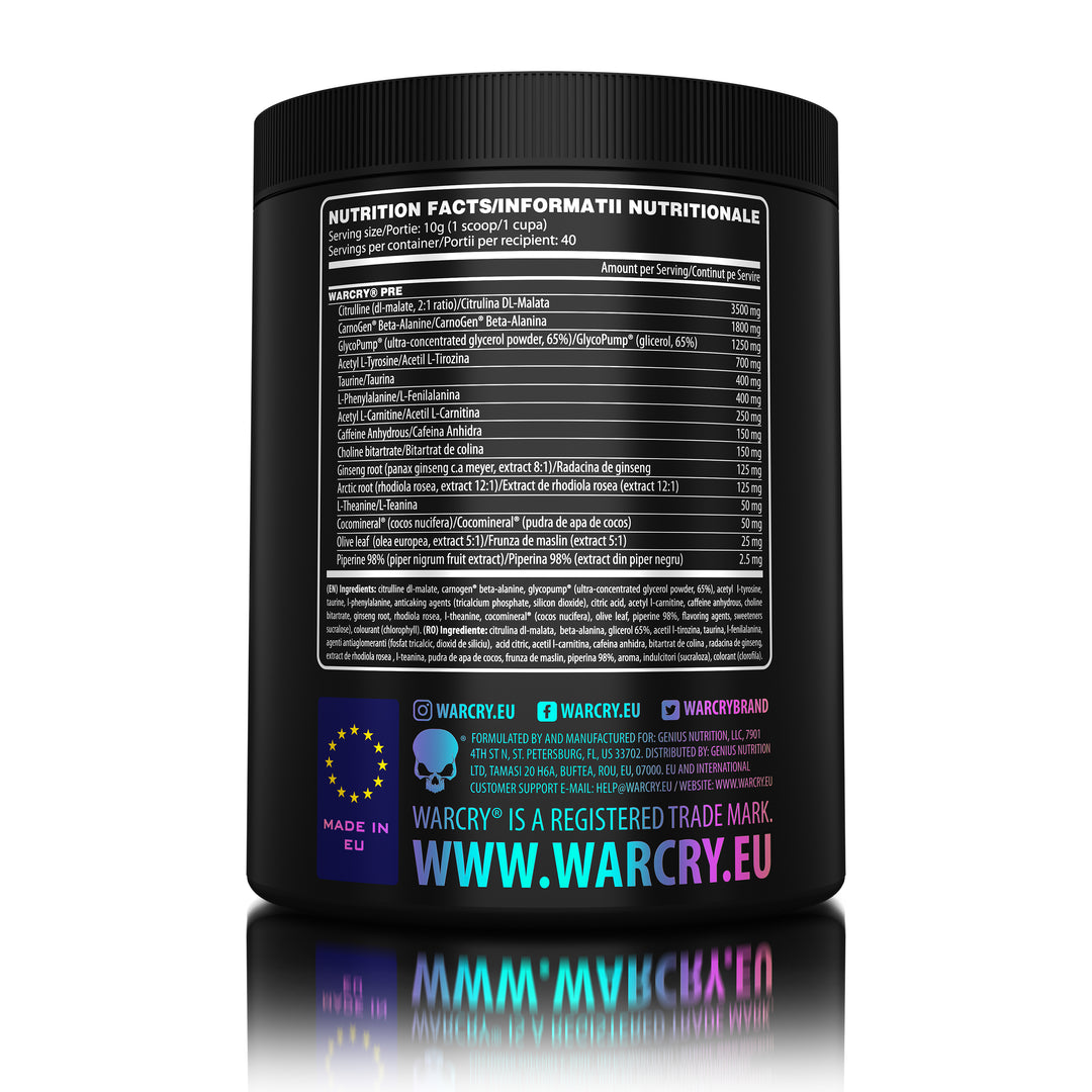 WARCRY PRE 400g 40serv Genius Nutrition Arctic Raspberry -  Pre-workout supplement for energy, pump, endurance, and focus, ideal for intense training sessions.